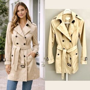 Michael Kors Minimalist Timeless Beige Medium Length Jacket Trench Pea Coat.